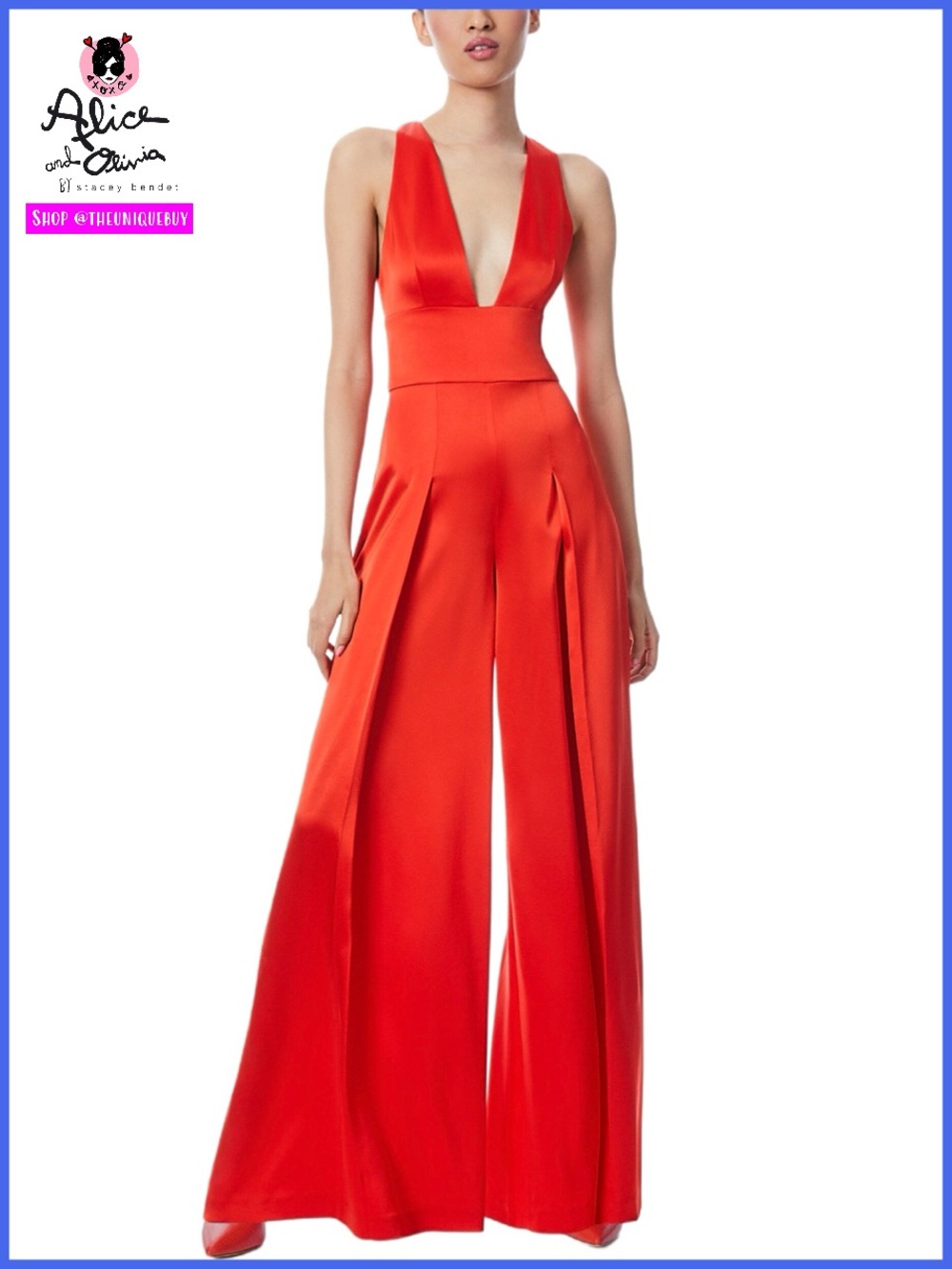 Alice + Olivia Myrtle V Neck Wide Leg Red Pleated Jumpsuit
